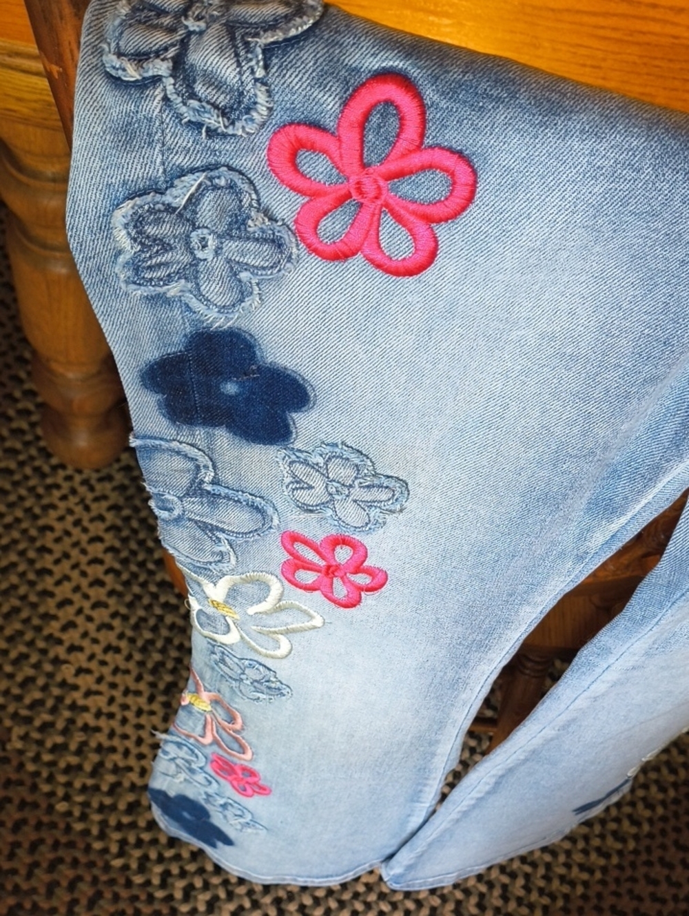 Oh Light Blue Embroidered Flower Flare Jeans with Pink & Navy Accents